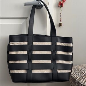 NWOT French Connection Eden Shopper, black leather/linen woven striped tote